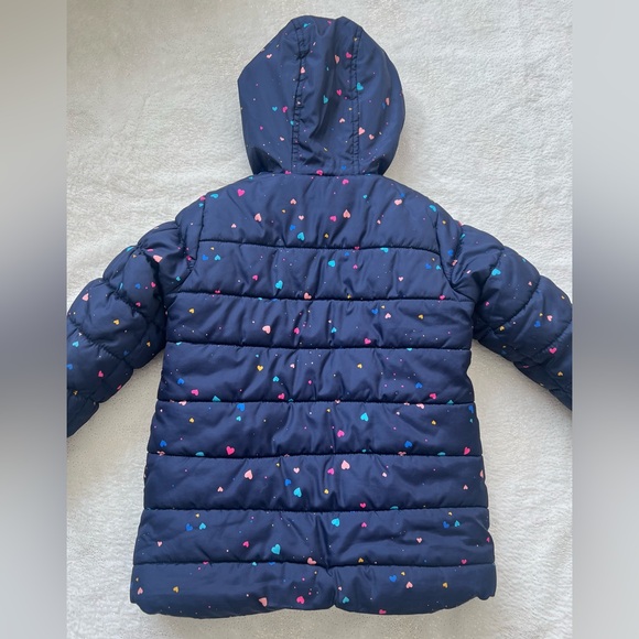 OshKosh B'gosh Navy Puffer Jacket with Colorful Heart Print | Girls Size 5 - Picture 8 of 12